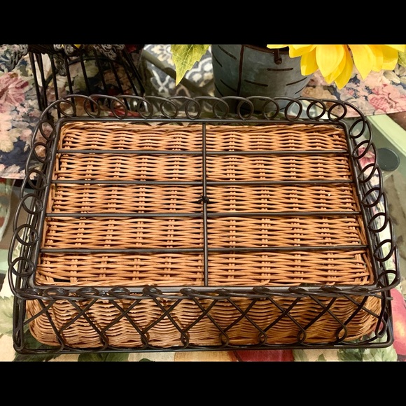Vintage Hand Woven Reed Basket W/ Black Wrought Iron Stand. Rectangular - Picture 14 of 14